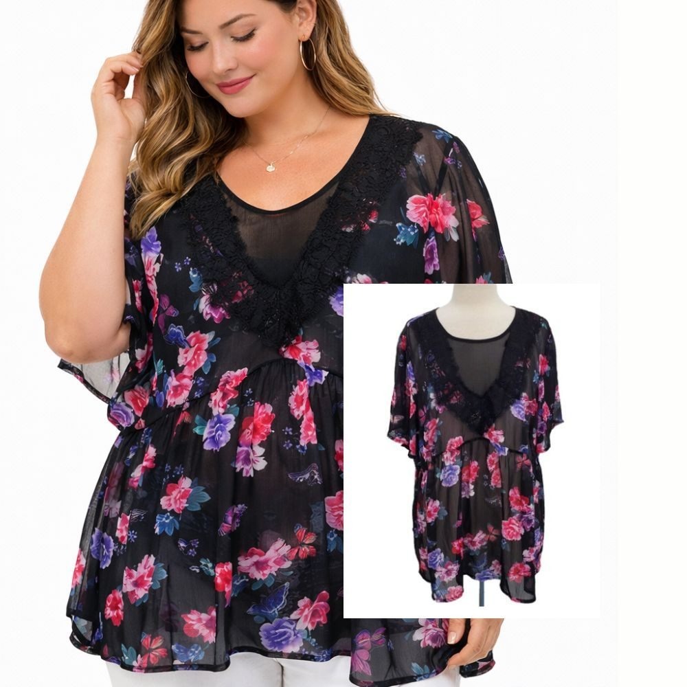 Torrid Lace Blouse Sheer Floral Butterfly Chiffon Boho Black Womens 2